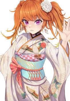 1girl absurdres ahaha_kun aqua_sash arm_at_side black_choker blonde_hair choker commentary earrings floral_print floral_print_kimono flower furisode gradient_hair hair_flower hair_ornament hand_up highres hololive hololive_english japanese_clothes jewelry kimono long_hair messy_hair multicolored_hair obi official_alternate_costume official_alternate_hair_length official_alternate_hairstyle orange_hair print_kimono purple_eyes sash simple_background solo swept_bangs takanashi_kiara takanashi_kiara_(new_year) twintails virtual_youtuber waving white_background white_flower white_kimono 