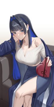  1girl absurdres bare_shoulders black_hair blue_coat blue_eyes blue_hair blue_skirt blunt_bangs box breasts cleavage coat colored_inner_hair commentary crossed_legs english_commentary gift hair_intakes heart-shaped_box highres holding holding_gift hololive hololive_english large_breasts long_hair long_sleeves looking_at_viewer multicolored_hair off-shoulder_sweater off_shoulder official_alternate_hairstyle ouro_kronii ribbed_sweater side_slit sidelocks simple_background sitting skirt solo sweater valentine virtual_youtuber zenya 