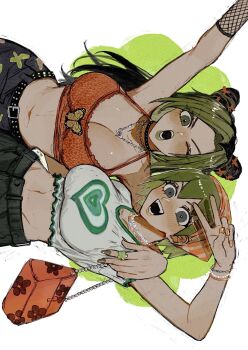  2girls arm_around_shoulder arm_up black_pants bracelet breasts choker cleavage cone_hair_bun crop_top fishnet_sleeves fishnets foo_fighters_(jojo) green_hair hair_bun highres jewelry jojo_no_kimyou_na_bouken kuujou_jolyne large_breasts long_hair midriff multiple_bracelets multiple_girls multiple_necklaces navel necklace neg_50asu one_eye_closed open_mouth orange_bag orange_nails pants sideways stone_ocean 