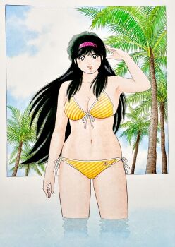  1girl armpits asaoka_natsumi bikini black_hair blue_sky breasts brown_eyes cleavage cloud commentary_request cowboy_shot diagonal-striped_bikini diagonal-striped_clothes front-tie_bikini_top front-tie_top hairband hand_up highres large_breasts long_hair looking_at_viewer miura_mitsuru navel official_artist_extra open_mouth outdoors palm_tree pink_hairband side-tie_bikini_bottom skindentation sky smile solo standing striped_bikini striped_clothes swimsuit teeth the_kabocha_wine traditional_media tree upper_teeth_only very_long_hair wading yellow_bikini 