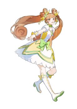  1girl :d absurdres boots bow brooch brown_eyes brown_hair collarbone commentary_request cure_rosetta curly_hair dokidoki!_precure dress flower full_body green_bow hair_bow hair_flower hair_ornament hair_rings heart heart_brooch highres jewelry knee_boots layered_dress long_hair looking_at_viewer magical_girl morgue_(southsakura) open_mouth precure puffy_sleeves short_dress simple_background smile solo twintails waist_bow white_background white_boots white_wrist_cuffs wrist_cuffs yellow_bow yellow_dress yotsuba_alice 