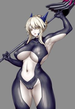  1girl arm_up armpit_cutout armpits arms_up artoria_pendragon_(lancer_alter)_(fate) black_bodysuit blonde_hair blue_horns bodysuit braid breasts cameltoe center_opening cleavage closed_mouth clothing_cutout covered_erect_nipples cowboy_shot fate/grand_order fate_(series) grey_background groin hair_between_eyes highres holding holding_behind_back holding_lance holding_polearm holding_polearm_behind_back holding_weapon holding_weapon_behind_back horns lance leg_cutout legs_apart linea_alba lips looking_at_viewer navel ningyoushi over_shoulder polearm revealing_clothes ribbed_bodysuit sidelocks simple_background slit_pupils solo standing unworn_armor variant_set weapon weapon_over_shoulder yellow_eyes 