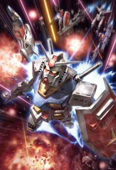  ball_(gundam) battle battleship beam_rifle core_booster core_fighter earth_federation energy_gun explosion fighting_stance firing gm_(mobile_suit) gun gundam holding holding_gun holding_shield holding_weapon magellan_class mecha military_vehicle mobile_suit_gundam morishita_naochika no_humans official_art robot rx-78-2_gundam salamis_class shield ship space spacecraft war warship watercraft weapon white_base 