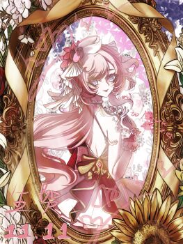  1girl absurdres alternate_costume back dated diamond-shaped_pupils diamond_(shape) elf elysia_(hi_love_elf)_(honkai_impact) elysia_(honkai_impact) flower hair_ornament highres honkai_(series) honkai_impact_3rd long_hair mirror pink_hair pointy_ears purple_eyes reflection smile solo sunflower symbol-shaped_pupils very_long_hair wrist_cuffs yu_diandian 