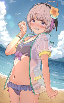  1girl ahoge amayomiyu beach beads bikini bikini_skirt black_hairband blue_bikini blue_sky blush bracelet breasts clenched_teeth cloud cowboy_shot day drawstring dutch_angle flower frilled_bikini frills grey_hair grin groin hair_flower hair_ornament hairband hand_up heaven_burns_red hood hood_down hooded_jacket jacket jewelry lens_flare looking_at_viewer minase_sumomo navel ocean open_clothes open_jacket outdoors paw_pose purple_bikini purple_eyes see-through_clothes see-through_jacket short_hair short_sleeves sky small_breasts smile solo standing stomach swimsuit teeth twitter_username water 