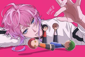  1boy :t ^^^ aegyo_sal ahoge amemura_ramuda amemura_ramuda_(tdd_era) aohitsugi_samatoki aohitsugi_samatoki_(tdd_era) aq1_oi black_choker black_hair black_jacket blue_eyes blue_jacket blue_suit character_doll choker choppy_bangs commentary cowlick cropped_shoulders crossed_bangs doll english_text film_grain fingernails flick formal_clothes gradient_hair green_eyes green_hair grid_print hand_up harai_kuko harai_kuko_(tdd_era) head_on_arm heterochromia highres hypnosis_mic jacket jewelry leaning_to_the_side lollipop_in_mouth long_sleeves looking_at_viewer male_focus mole mole_under_eye mouth_hold multicolored_hair necklace necktie nurude_sasara nurude_sasara_(tdd_era) official_alternate_costume pink_background pink_hair portrait purple_hair red_eyes red_hair saturated_background shadow shirt short_hair_with_long_locks sidelocks simple_background smile solo spoilers suit sweater untranslatable_commentary v-neck white_hair white_shirt white_sweater yamada_ichiro yamada_ichiro_(tdd_era) yellow_eyes yellow_necktie 