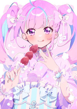  1girl :p absurdres ahoge blue_hair blue_sash blush bow cat_hair_ornament closed_mouth commentary_request dot_nose food fruit hair_bow hair_ornament highres holding holding_food hololive japanese_clothes kimono long_hair long_sleeves looking_at_viewer minato_aqua multicolored_hair obi pink_background pink_bow pink_eyes pink_hair pink_kimono sash serizawa_serizane sidelocks smile solo strawberry streaked_hair tongue tongue_out two-tone_hair upper_body vertical-striped_sash virtual_youtuber wide_sleeves 