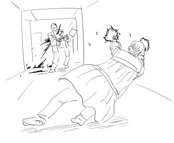  2boys bb_(baalbuddy) coat dual_wielding firing greyscale gun hallway handgun highres holding holding_gun holding_weapon max_payne max_payne_(series) monochrome multiple_boys muzzle_flash shell_casing trench_coat weapon 