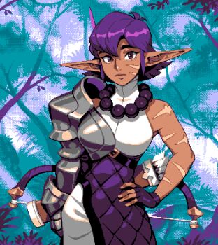  1girl armor asymmetrical_gloves bare_shoulders bow_(weapon) brown_eyes closed_mouth commentary dark-skinned_female dark_skin dress elf english_commentary facial_scar fingerless_gloves forest gloves hand_on_own_hip jewelry lips looking_at_viewer medium_hair nature necklace original outdoors pc-98_(style) pixel_art pointy_ears purple_hair quiver scar scar_on_arm scar_on_cheek scar_on_face shoulder_armor simon_stafsnes_andersen solo standing turtleneck very_long_ears weapon 