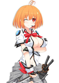  1girl ahoge arm_under_breasts black_skirt bow breast_pocket breasts cleavage closed_mouth clothes_around_waist collared_shirt commentary commentary_request dagger dress_shirt eighth_note hand_on_own_arm headset holding holding_dagger holding_knife holding_weapon kagura_ittou kami_jigen_game_neptune_v knife large_breasts looking_at_viewer marvelousaql_(neptunia) midriff musical_note musical_note-shaped_pupils navel neptune_(series) one_eye_closed orange_eyes orange_hair partially_unbuttoned pleated_skirt pocket red_bow shirt short_hair short_sword simple_background skirt solo stomach sword symbol-shaped_pupils tantou upper_body weapon white_background white_shirt 