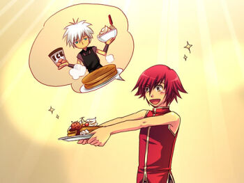  2boys assassin_(ragnarok_online) black_shirt blush commentary_request dated_commentary food holding holding_plate ice_cream_tub male_focus multiple_boys oomojiya open_mouth pancake plate ragnarok_online red_hair red_shirt shirt short_hair sleeveless sleeveless_shirt whipped_cream white_hair wizard_(ragnarok_online) yellow_background 