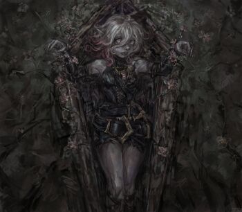  1girl absurdres bare_shoulders belt briar_(league_of_legends) coffin colored_sclera colored_skin commentary eff_(nymvey) english_commentary fingernails flower grey_hair hair_between_eyes highres large_belt league_of_legends long_hair looking_at_viewer multicolored_hair multiple_belts open_mouth pink_hair pink_sclera plant pointy_ears sharp_fingernails sharp_teeth solo stabbed_heart stake teeth thorns vampire vines white_eyes 