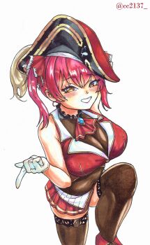 1girl absurdres arrow_through_heart ascot bicorne blush breasts cc2137 commentary english_commentary gloves hat heterochromia highres hololive hololive_fantasy houshou_marine houshou_marine_(1st_costume) knee_up lace large_breasts leotard leotard_under_clothes marker_(medium) miniskirt no_eyepatch pirate_costume pirate_hat red_ascot red_eyes red_hair see-through_cleavage see-through_clothes see-through_leotard self-upload short_twintails skirt sleeveless sleeveless_jacket smile thighhighs traditional_media twintails virtual_youtuber white_background white_gloves yellow_eyes 