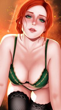  1girl absurdres alternate_costume artist_name black_thighhighs bra breasts embers fishnet_thighhighs fishnets green_bra green_eyes green_panties highres lace lace-trimmed_thighhighs lace_trim looking_at_viewer medium_breasts navel panties patreon_logo patreon_username red_hair solo the_witcher_(series) the_witcher_3 thighhighs triss_merigold underwear underworldartistry watermark web_address 