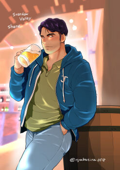  1boy absurdres alcohol bar_(place) barrel beer beer_mug blue_jacket blue_pants chabashira_tatsukichi character_name commentary_request copyright_name cup denim english_text green_shirt hand_in_pocket highres holding holding_cup hood hood_down hooded_jacket jacket jeans leaning_on_object long_sideburns looking_at_viewer male_focus mature_male mug open_clothes open_jacket pants polo_shirt purple_hair shane_(stardew_valley) shirt short_hair sideburns solo stardew_valley twitter_username 