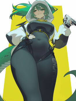  1girl arknights arknights:_endfield black_bodysuit black_gloves bodysuit border breasts closed_mouth commentary covered_navel distr english_commentary fingerless_gloves fluorite_(arknights) from_below gloves green_eyes green_hair gun hair_between_eyes hair_ornament hand_on_own_hip highres holding holding_gun holding_weapon hood hood_up hooded_shrug large_breasts long_hair looking_at_viewer shrug_(clothing) smile snake_tail solo tail weapon white_border white_shrug yellow_background  rating:Sensitive score:19 user:danbooru