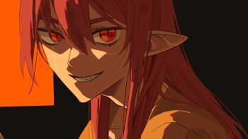  1boy aegyo_sal androgynous animification bishounen close-up commentary crown dream_smp english_commentary fang grin hair_between_eyes highres humanization long_hair looking_at_viewer male_focus minecraft_youtube official_alternate_costume orange_shirt pink_hair pointy_ears portrait prison_clothes red_eyes scar scar_on_face shanuraru shirt slit_pupils smile solo technoblade 