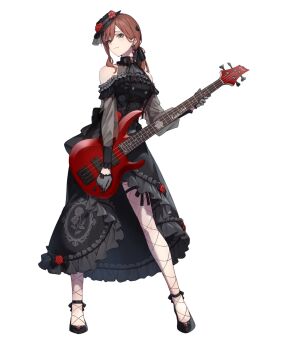  1girl bang_dream! bang_dream!_girls_band_party! black_dress black_gloves black_hat black_shoes brown_hair closed_mouth clothing_cutout commentary_request dress esp_guitars fishnet_pantyhose fishnets flower_stand_art gloves grey_eyes hair_ribbon hat highres imai_lisa kanade_(kanade_3344) long_sleeves pantyhose ribbon shoes shoulder_cutout simple_background single_sidelock solo thigh_strap white_background 