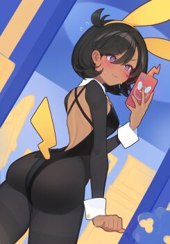  1girl :3 @_@ absurdres anemielle arched_back black_hair black_leotard black_pantyhose blush clenched_hand closed_mouth commentary emma_(pokemon) flying_sweatdrops gen_4_pokemon hair_between_eyes hairband hand_up highres holding holding_phone leotard long_sleeves nail_polish nintendo pantyhose phone pokemon pokemon_legends:_z-a purple_eyes purple_nails rotom rotom_phone short_hair solo sweat yellow_hairband 