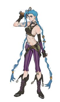  1girl absurdres aqua_eyes aqua_hair arcane:_league_of_legends arcane_vi arm_tattoo asymmetrical_gloves bandaid bandaid_on_leg bare_shoulders belt black_boots black_choker black_gloves black_shirt boots braid breasts choker cloud_tattoo crop_top crossed_bandaids elbow_gloves fingerless_gloves full_body gloves gun hashtag-only_commentary highres holding holding_gun holding_weapon jinx_(league_of_legends) league_of_legends long_hair loose_belt medium_breasts midriff pants purple_pants shirt sideboob single_elbow_glove solo spiked_belt stomach_tattoo striped_clothes striped_pants tattoo twin_braids very_long_hair vi_(league_of_legends) weapon white_background yiguanli123 