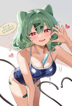  1girl absurdres aqua_hair between_breasts blue_one-piece_swimsuit blush breasts cleavage commentary_request fang gyaru_bulbasaur gyaru_bulbasaur_(shin_no_tenpii) hair_intakes heart_cheeks highres large_breasts leaning_forward looking_at_viewer nintendo one-piece_swimsuit open_mouth personification pokemon red_eyes short_hair skin_fang smile solo speech_bubble swimsuit thighs translation_request vine_whip water_drop wet wet_clothes wet_swimsuit yoi_don 