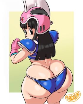 1girl armor ass bikini_armor black_eyes black_hair chi-chi_(dragon_ball) crop_top dragon_ball gloves helmet long_hair looking_back mandarina shoulder_armor thick_thighs thighs thong wide_hips
