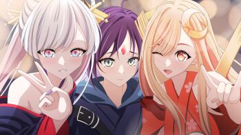  3girls absurdres animal_ears asutokun_th blonde_hair blush cho_kaguya-hime! fox_ears green_eyes highres japanese_clothes kaguya_hime kimono long_hair looking_at_viewer multiple_girls open_mouth orange_eyes purple_hair rabbit_ears runami_yachiyo sakayori_iroha short_hair white_hair 
