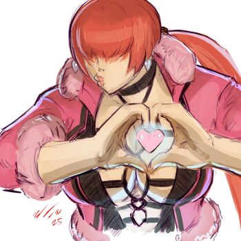  1girl breasts cleavage cleavage_cutout clothing_cutout earrings female_focus fluffy hands_up heart heart_hands huge_breasts jacket jewelry large_breasts long_hair looking_at_viewer ponytail red_hair shermie_(kof) taurence_bell the_king_of_fighters thick_lips 