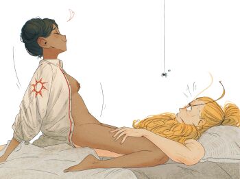  1boy 1girl arm_support arms_behind_back beard black_hair blonde_hair braid breasts bug bun_with_braided_base censored closed_eyes closed_mouth collared_shirt commentary cowgirl_position dark-skinned_female dark_skin english_commentary english_text facial_hair fake_censor girl_on_top hair_bun halden_(spindle_(aidenr0)) happy_sex heart highres implied_sex long_beard long_hair long_sleeves lying mosaic_censoring musical_note naked_shirt nipples notice_lines on_back open_clothes open_shirt original shirt simple_background single_hair_bun small_breasts spider spindle_(aidenr0) straddling sweat tess_(spindle_(aidenr0)) white_background white_shirt wing_collar 