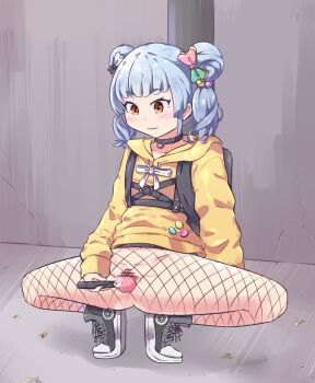  1girl backpack bag blue_hair blunt_bangs bottomless bow cervical_insertion cervical_smoking cervix choker closed_mouth double_bun electronic_cigarette fishnet_pantyhose fishnets hair_bow hair_bun hair_ornament hood hoodie hyodou_shizuku idoly_pride iqos loli long_sleeves looking_at_viewer no_panties object_insertion ovaries pantyhose prolapse pussy pussy_smoking shoes sneakers spread_legs squatting twintails vaginal_prolapse vaping 