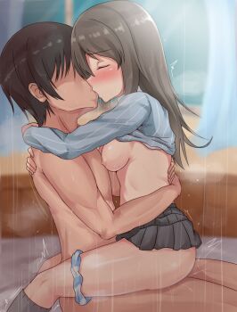 10s 1boy 1girl bad_id bad_pixiv_id blush breasts brown_hair censored clothed_sex clothes_lift cowgirl_position eyebrows closed_eyes faceless faceless_male from_side girl_on_top girls_und_panzer hetero highres hug indoors kiss long_hair medium_breasts mika_(girls_und_panzer) nipples no_bra panties panties_around_leg rain sex shinkuso-kun shirt_lift skirt straddling underwear upright_straddle vaginal rating:Explicit score:270 user:danbooru