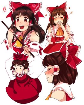  ! !! 1girl :d ascot bare_shoulders blush bow brown_eyes brown_hair closed_mouth collared_shirt commentary_request cup detached_sleeves drinking embodiment_of_scarlet_devil floral_print frilled_ascot frilled_hair_tubes frilled_shirt_collar frills from_side gohei hair_bow hair_tubes hakurei_reimu highres holding holding_cup holding_gohei long_hair long_sleeves multiple_views nekolina open_mouth red_bow red_ribbon red_shirt red_skirt ribbon ribbon-trimmed_sleeves ribbon_trim shirt simple_background skirt sleeveless sleeveless_shirt smile squeans teeth touhou upper_teeth_only white_background white_sleeves wide_sleeves yellow_ascot 