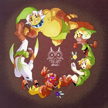  ban_(ban62460424) blonde_hair boots brown_boots commentary_request deku_link goron_link green_hat green_tunic hat link male_focus multiple_persona nintendo phrygian_cap pointy_ears simple_background skull_kid tael tatl the_legend_of_zelda the_legend_of_zelda:_majora's_mask tunic young_link zora_link 