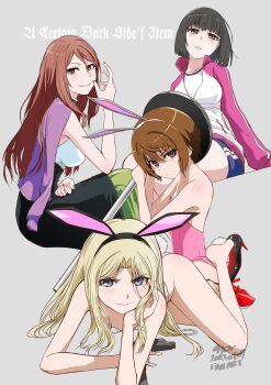  4girls absurdres animal_ears black_hair blonde_hair blue_eyes brown_eyes brown_hair frenda_seivelun high_heels highleg highleg_leotard highres jacket kinuhata_saiai legs leotard long_hair mac-v mugino_shizuri multiple_girls playboy_bunny purple_eyes short_hair shorts smile sportswear takitsubo_rikou toaru_anbu_no_item toaru_kagaku_no_railgun toaru_majutsu_no_index track_jacket  rating:Questionable score:23 user:Anti_Gendou