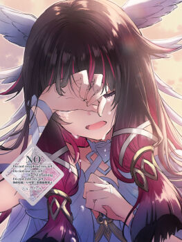  1girl arm_ribbon black_hair closed_eyes columbina_(genshin_impact) commentary_request crying dress genshin_impact hair_ribbon hand_on_own_face head_wings kinatsu_k long_hair multicolored_hair open_mouth red_hair ribbon solo tears twitter_username upper_body watermark white_dress white_ribbon wings 