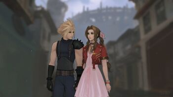  1boy 1girl aerith_gainsborough armor artist_name bangle belt black_gloves blonde_hair blue_eyes blue_pants blue_shirt blurry blurry_background bracelet braid braided_ponytail brooch brown_belt choker city closed_mouth cloud_strife commission couple cowboy_shot cropped_jacket dress final_fantasy final_fantasy_vii final_fantasy_vii_rebirth final_fantasy_vii_remake flower_brooch flower_choker gloves green_eyes hair_ribbon hetero highres holding_hands jacket jewelry long_dress long_hair looking_at_another midgar multiple_belts pants parted_bangs pauldrons pink_dress pink_ribbon red_jacket ribbon shirt short_hair short_sleeves shoulder_armor sidelocks single_bare_shoulder single_braid single_pauldron sleeveless sleeveless_turtleneck slums spiked_hair sumiensp suspenders turtleneck 