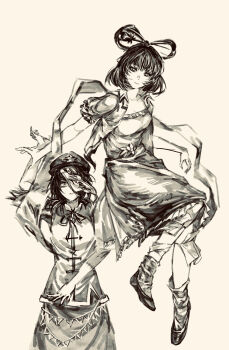  2girls ankle_socks arm_at_side arm_up asymmetrical_legwear chinese_clothes chinese_hairpin collared_vest commentary_request cowboy_shot crossed_bangs dorsiflexion_(wrist) dress expressionless facing_to_the_side feixianji_(hairstyle) flats floating folded_collar foot_dangle frilled_dress frilled_sleeves frills front_slit full_body hagoromo hair_ornament hair_rings hair_stick hand_up hat hat_ornament highres invisible_chair jiangshi kaku_seiga knees_together_feet_apart leg_up leg_wrap looking_at_another looking_at_viewer loose_socks mandarin_collar messy_hair miyako_yoshika monochrome multiple_girls neck_ribbon newsboy_cap ofuda open_clothes open_hand open_vest outstretched_arm palmar_flexion pigeon-toed ribbon sepia shawl shirt shoes short_hair short_sleeves sitting skirt socks square_neckline standing star_(symbol) star_hat_ornament stitched_arm stitches tangzhuang touhou uneven_legwear untucked_shirt user_vnsg7377 vest white_vest 