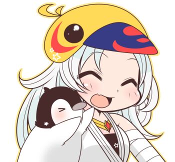  1girl bandaged_arm bandages bird bird_hat blush closed_eyes commentary_request fang grey_hair long_hair oekakipikki official_alternate_costume open_mouth peco_peco penguin ragnarok_online shirt simple_background skin_fang sleeveless sleeveless_shirt smile solo sura_(ragnarok_online) upper_body white_background white_shirt 