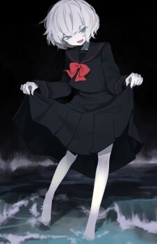  1girl absurdres barefoot black_background black_sailor_collar black_serafuku black_shirt black_skirt blue_eyes bow bowtie damao_(kiwa777) full_body half-closed_eyes highres long_skirt long_sleeves open_mouth original pale_skin red_bow red_bowtie sailor_collar school_uniform serafuku shirt short_hair skirt skirt_hold smile solo water white_hair 