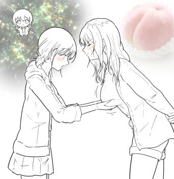  2girls 5tb blush breasts closed_mouth commentary_request couple grabbing_another's_breast greyscale groping highres large_breasts leaning_forward lineart long_hair long_sleeves looking_at_breasts miniskirt monochrome multiple_girls open_clothes open_mouth open_shirt original photo_inset short_hair short_shorts shorts skirt small_sweatdrop spot_color standing yuri 