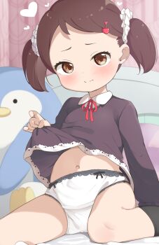  1girl becky_blackbell bow bow_panties brown_eyes brown_hair clothes_lift commentary_request dress dress_lift hair_ornament hair_scrunchie heart highres lifting_own_clothes loli makuran navel panties scrunchie socks solo spy_x_family twintails underwear white_panties white_scrunchie  rating:Questionable score:86 user:danbooru