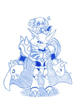  blue_eyes digimon digimon_(creature) digimon_story:_cyber_sleuth hair_ornament hairpin highres long_hair monochrome omegamon pink_hair shiramine_nokia sketch twintails  rating:General score:0 user:Chaos11