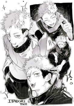  1boy arm_behind_head character_name commentary greyscale hand_in_pocket happy highres hood hood_down ikaooi1 invisible_chair itadori_yuuji jacket jujutsu_kaisen male_focus monochrome multicolored_hair multiple_views open_mouth outline scar scar_on_face scar_on_mouth short_hair simple_background sitting solo sparkle two-tone_hair undercut untranslatable_commentary white_background 