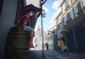  1boy 3girls :o absurdres alley ankle_boots aqua_(konosuba) armor armored_boots asymmetrical_legwear bandaged_leg bandages barrel belt black_cape black_hair black_pants black_thighhighs blonde_hair blue_skirt blush boots breastplate building cape darkness_(konosuba) day dress european_architecture fingerless_gloves full_body gloves green_jacket hair_ornament hand_up hat highres holding holding_staff house jacket kono_subarashii_sekai_ni_shukufuku_wo! lamppost long_hair long_sleeves looking_at_viewer mage_staff megumin mismatched_legwear multiple_girls nodark on_barrel orange_boots outdoors pants pauldrons ponytail red_dress red_eyes road running satou_kazuma short_dress shoulder_armor single_thighhigh sitting skirt sky staff standing thighhighs town witch_hat x_hair_ornament yellow_dress 