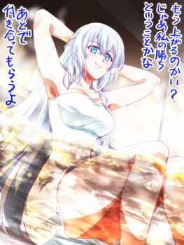  1girl armpits arms_up bathing blue_eyes breasts eiyuu_densetsu floating_hair in_water kuro_no_kiseki_(series) kuro_no_kiseki_i light_smile long_hair looking_at_viewer onsen sauna shizuna_rem_misurugi towel white_hair xiacheng_tatsuya 