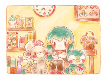  1girl analog_clock ash_ketchum basket black_socks brock_(pokemon) buneary clock closed_mouth colored_pencil_(medium) commentary_request dawn_(pokemon) gen_4_pokemon glameow highres johanna_(pokemon) long_hair nintendo pachirisu painting_(medium) piplup poke_ball poke_ball_(basic) pokemon pokemon_(anime) pokemon_(creature) pokemon_dppt_(anime) red_scarf scarf slippers socks solid_oval_eyes traditional_media watercolor_(medium) yukichi_0611 