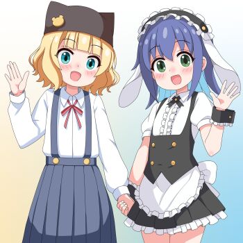  animal_ears apron aqua_eyes aqua_hair black_cross_tie black_hairband black_hat black_skirt blonde_hair blue_background blue_hair blunt_bangs blush buttons center_frills child colored_inner_hair commentary_request cosplay costume_switch cowboy_shot crossover double-breasted fake_animal_ears flat_chest fleur_de_lapin_uniform floppy_ears frilled_apron frilled_cuffs frilled_hairband frills gochuumon_wa_usagi_desu_ka? gradient_background green_eyes hair_between_eyes hairband hand_up hat hat_ornament hat_with_ears highres holding_hands kirima_syaro kirima_syaro_(cosplay) lolita_hairband long_hair long_sleeves looking_at_viewer medium_hair multicolored_hair neck_ribbon onii-chan_wa_oshimai! pleated_skirt puffy_short_sleeves puffy_sleeves rabbit_ears red_ribbon ribbon sakuzo school_uniform shirt short_sleeves simple_background skirt suspender_skirt suspenders tenkawa_nayuta tenkawa_nayuta_(cosplay) two-tone_hair underbust waist_apron waving white_apron white_shirt wrist_cuffs yellow_background yotsuba_university_affiliated_junior_high_school_uniform 