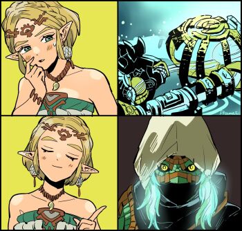 1boy 1girl bare_shoulders black_sclera blonde_hair blush bracelet circlet closed_eyes colored_sclera drakeposting_(meme) dress earrings green_eyes hand_on_own_face highres hyrule_warriors:_age_of_imprisonment jewelry link meme nintendo parted_bangs parted_lips pendant_choker pointy_ears pramai_(lim) princess_zelda short_hair sidelocks smile strapless strapless_dress sweatdrop the_legend_of_zelda the_legend_of_zelda:_tears_of_the_kingdom upper_body yellow_background yellow_eyes rating:General score:8 user:danbooru