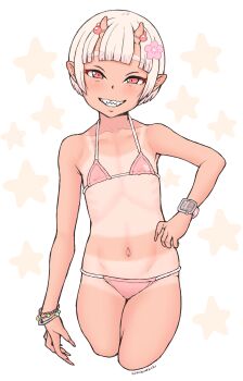  1girl a_kun absurdres bikini blush bracelet demon_girl demon_horns fangs female_focus fingernails flat_chest flower flower_on_head hair_ornament hairclip highres horns jewelry loli looking_at_viewer mesugaki micro_bikini nail_polish navel original pink_eyes pink_nails pointy_ears short_hair smile solo standing stomach swimsuit tan tanline thighs  rating:Questionable score:54 user:CunnyInc