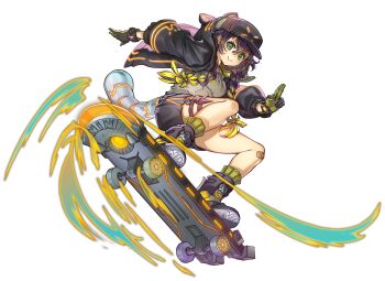  1girl anonymous_(yu-gi-oh!) bandaid bandaid_on_knee bandaid_on_leg baseball_cap black_hair blonde_hair braid duel_monster fake_tail game_cg gloves green_eyes hat highres hood hoodie jacket kuji-in kunai multicolored_hair non-web_source official_alternate_costume official_art s-force_rappa_chiyomaru s:p_little_knight shoes skateboard smile solo stitched tail thigh_strap third-party_edit transparent_background twin_braids two-tone_hair weapon yu-gi-oh! yu-gi-oh!_master_duel 